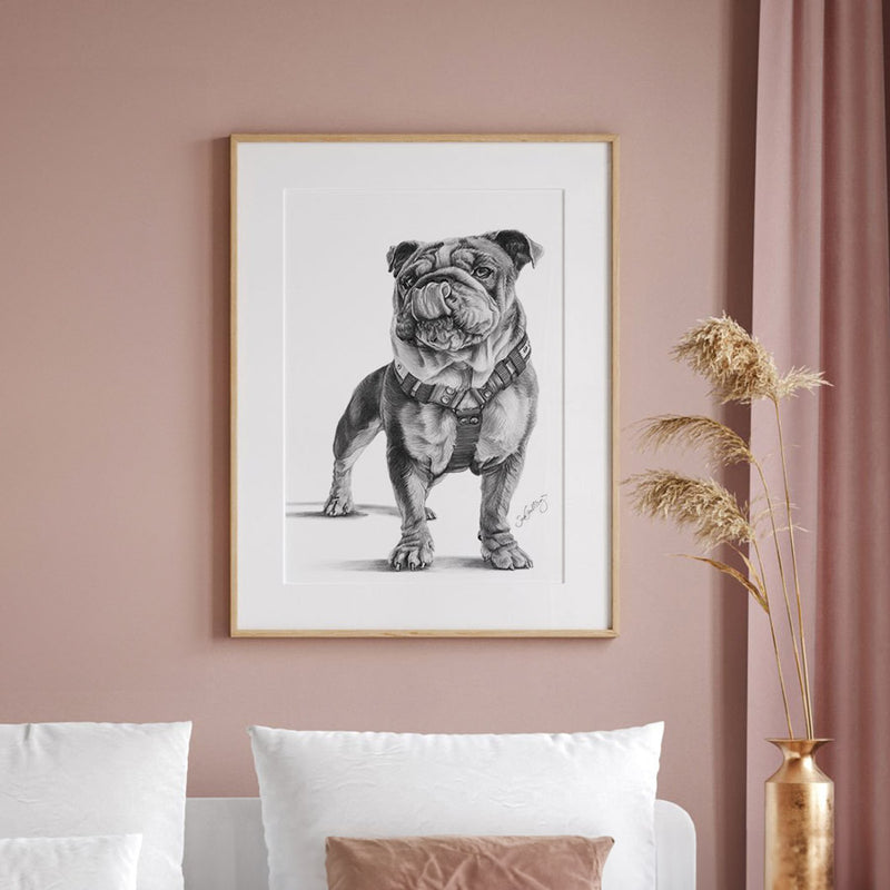 Väggdekoration på ett handritat hundporträtt av en Engelsk Bulldog